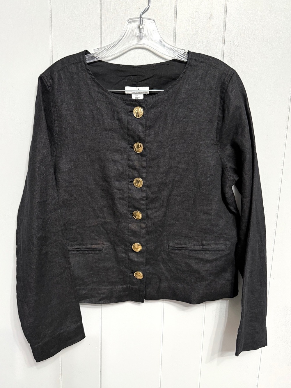 Halston Black Linen Jacket with Gold-Tone Buttons